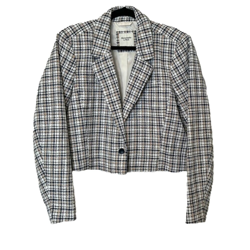 Abercrombie & Fitch White, Tan & Blue Plaid Textured Cropped Blazer - Size L - Picture 2 of 6